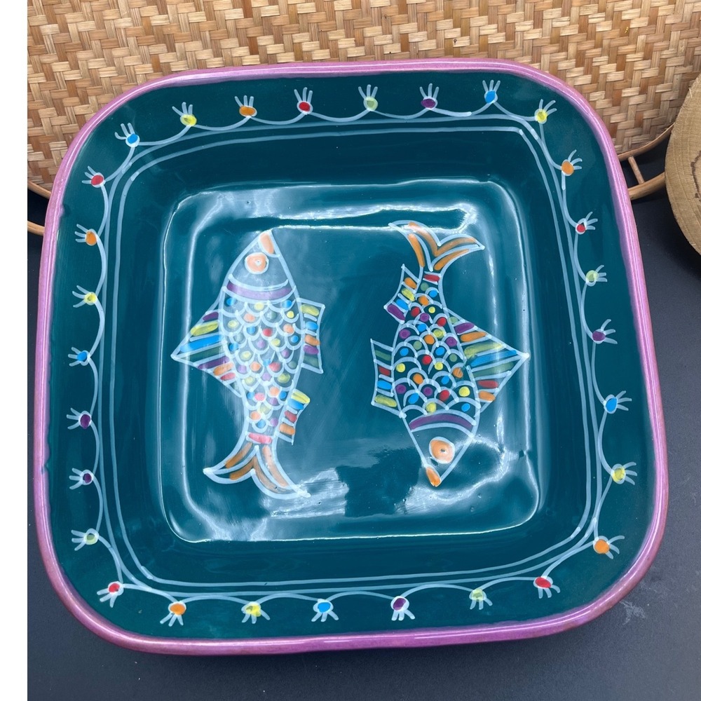 Rare Le Souk Ceramics Square Serving Bowl made in Tunisia‎ Fish Design Colorful
